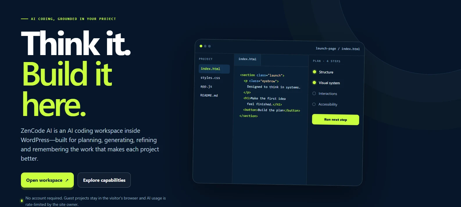 Homepage screenshot of the ZenCode AI public website